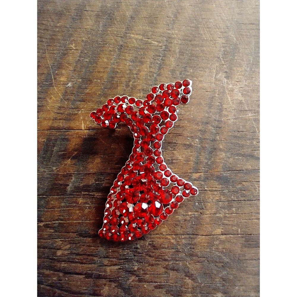 Dress shaped Brooch on Silver tone setting and Red rhinestones D5